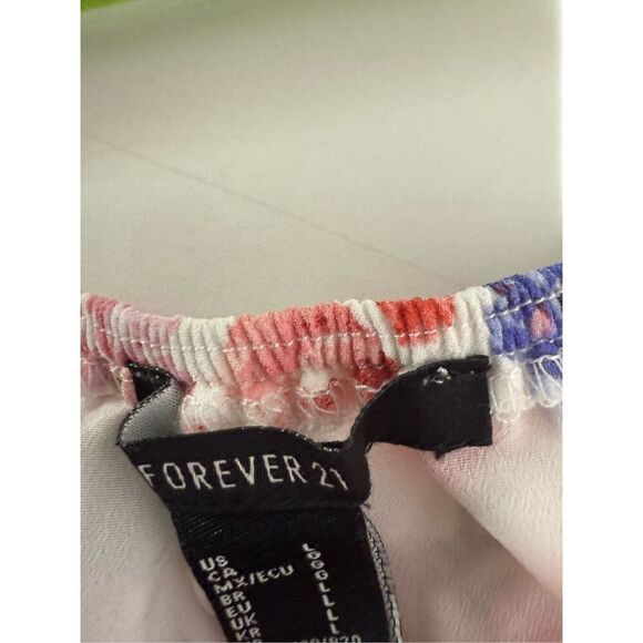 Forever 21 Bohemian Pink Floral Off Shoulder Smocked Mini Ruffle Dress Sz L - Picture 6 of 10